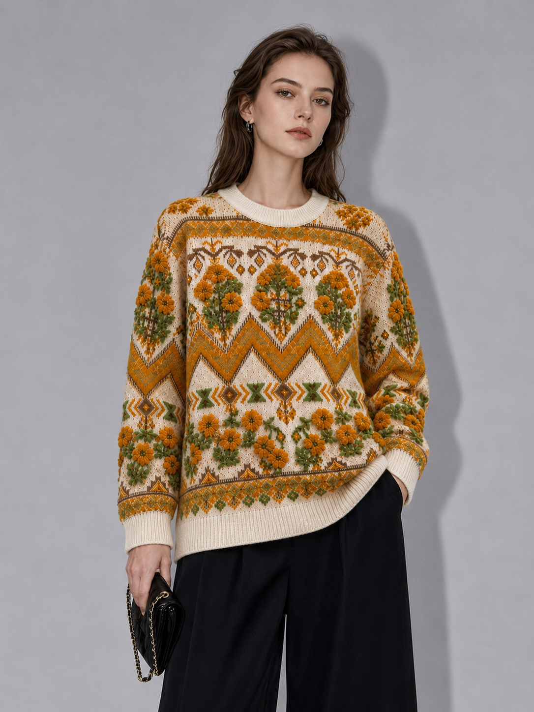 Retro jacquard pure wool women's sweater - woolen round-neck thick knitted top - cozy base layer to wear over other clothes