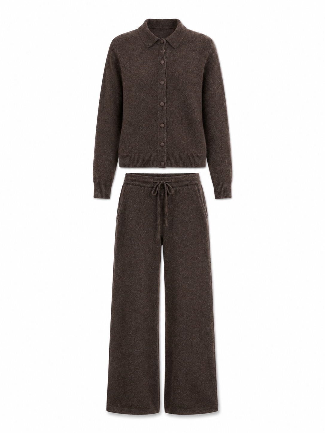 Womens Knit Polo Cardigan and Wide Leg Pants Set Button Down Collar Sweater Ladies Autumn Winter Two Piece Knitwear Suit