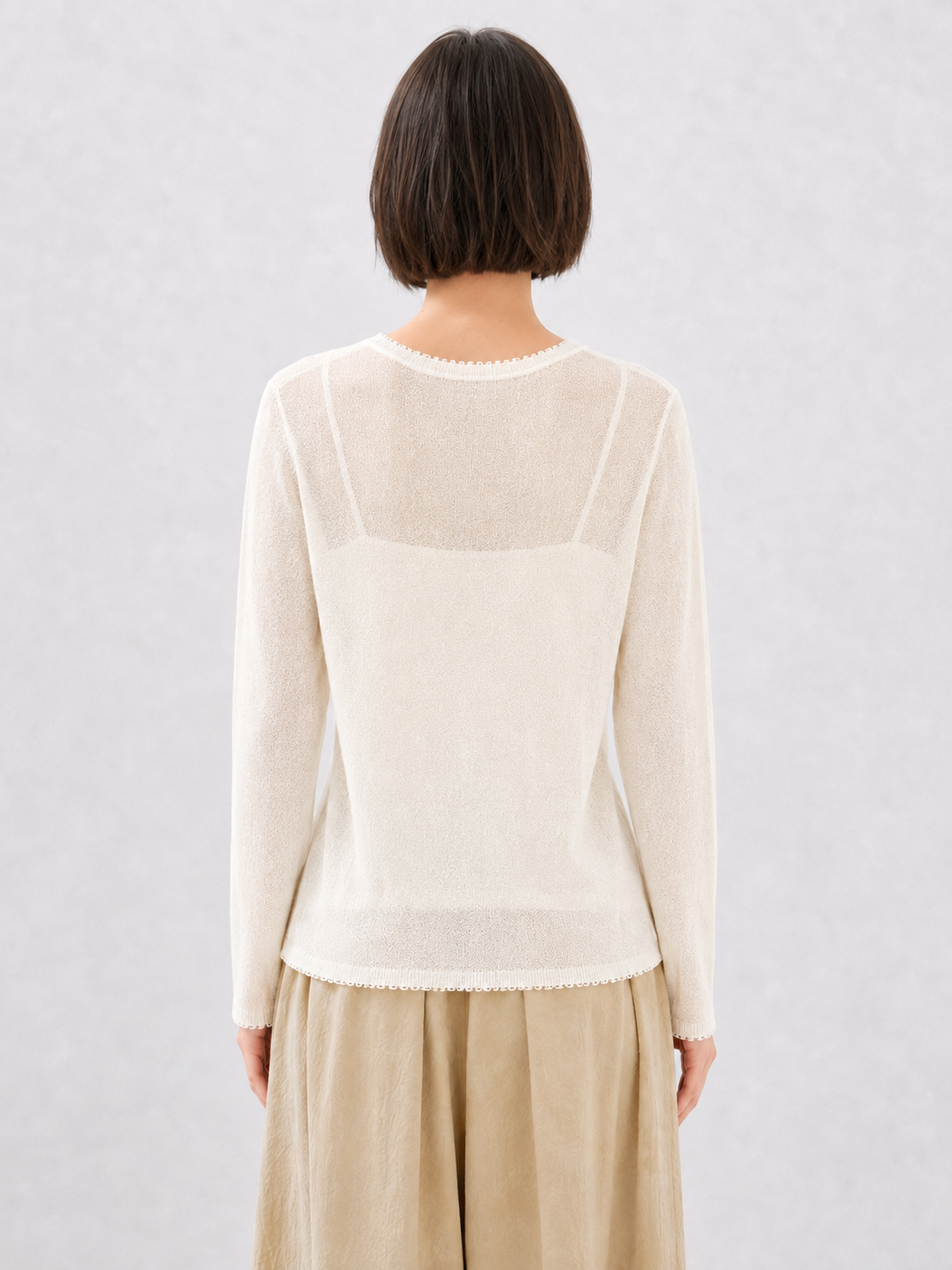Women Pointelle Lace Knit Top Long Sleeve Sheer Crochet Pullover Round Neck Lightweight Openwork Sweater Ivory Layering Top