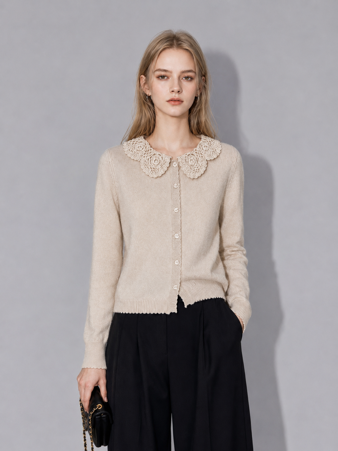 Women's dress with a babydoll collar, wool and cashmere knitted sweater with a collar, cardigan