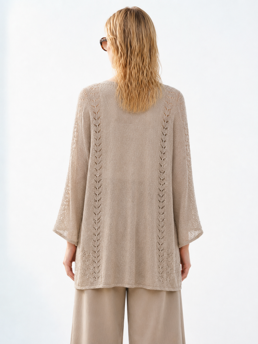 Women Open Front Pointelle Knit Cardigan Longline Lightweight Hollow Out Sweater Coat Loose Batwing Sleeve Beach Cover Up
