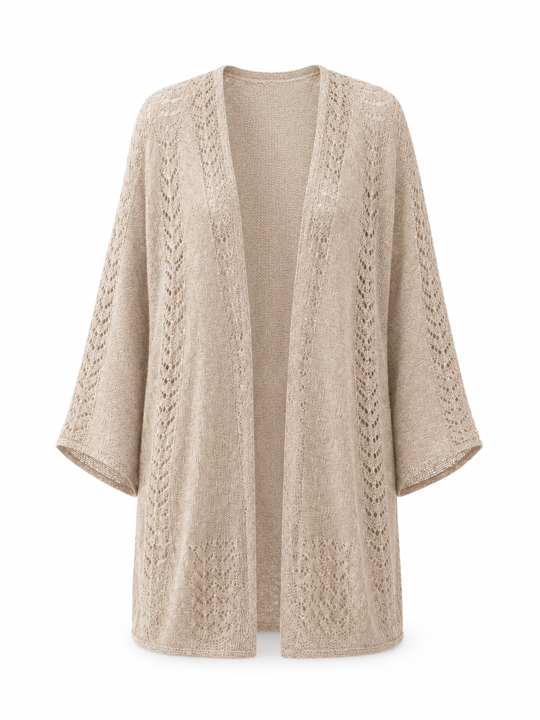Women Open Front Pointelle Knit Cardigan Longline Lightweight Hollow Out Sweater Coat Loose Batwing Sleeve Beach Cover Up