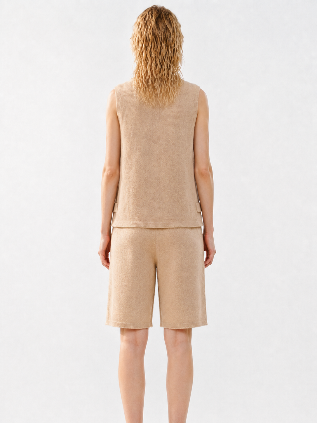 Women Knit Two Piece Set Sleeveless Tank Top and Drawstring Bermuda Shorts Beige Casual Lounge Outfit for Summer