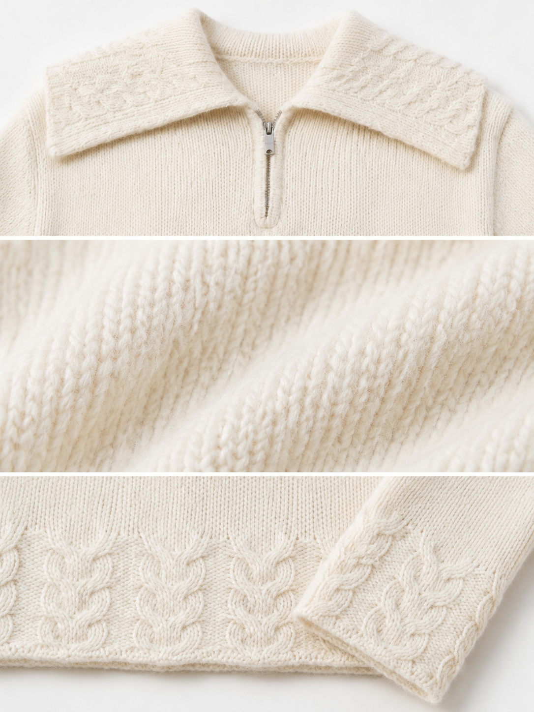 Women Half Zip Cable Knit Sweater Oversized Lapel Collar Pullover Ladies Knitted Jumper Solid Cream Winter Knitwear