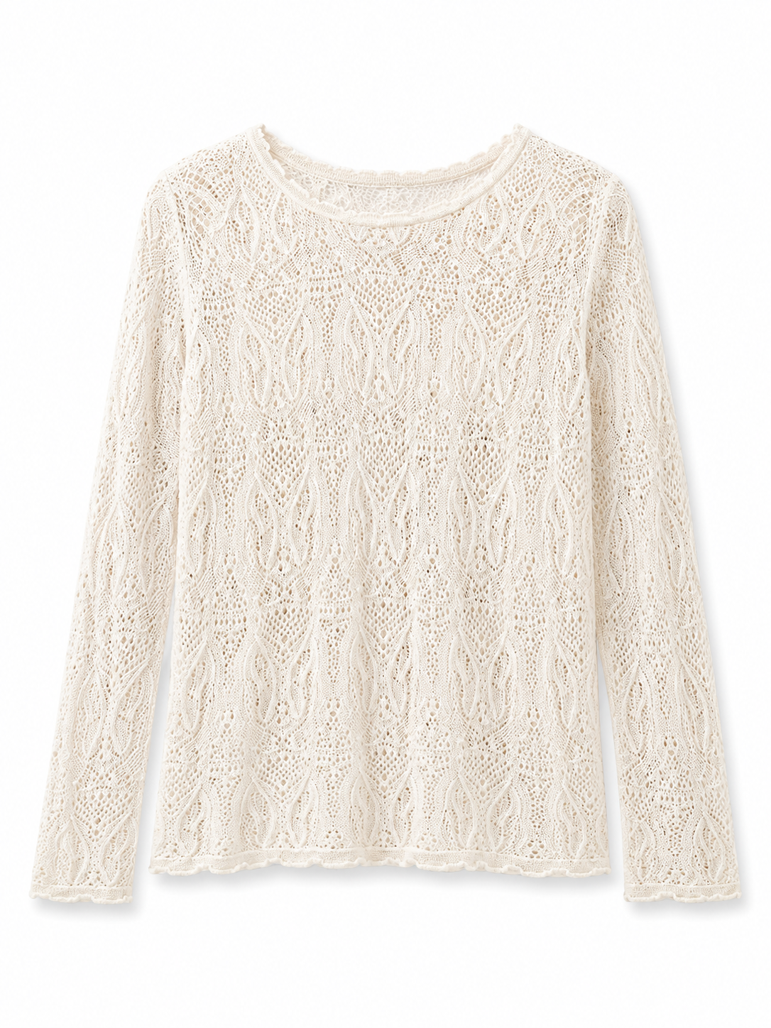 Women Pointelle Lace Knit Top Long Sleeve Sheer Crochet Pullover Round Neck Lightweight Openwork Sweater Ivory Layering Top
