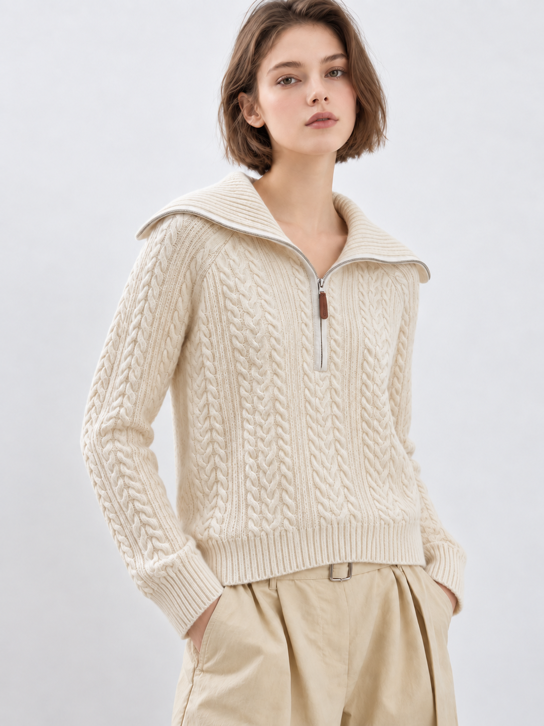 Women's Cable Knit Sweater Half Zip Wide Collar Long Sleeve Pullover Casual Fall Winter Jumper