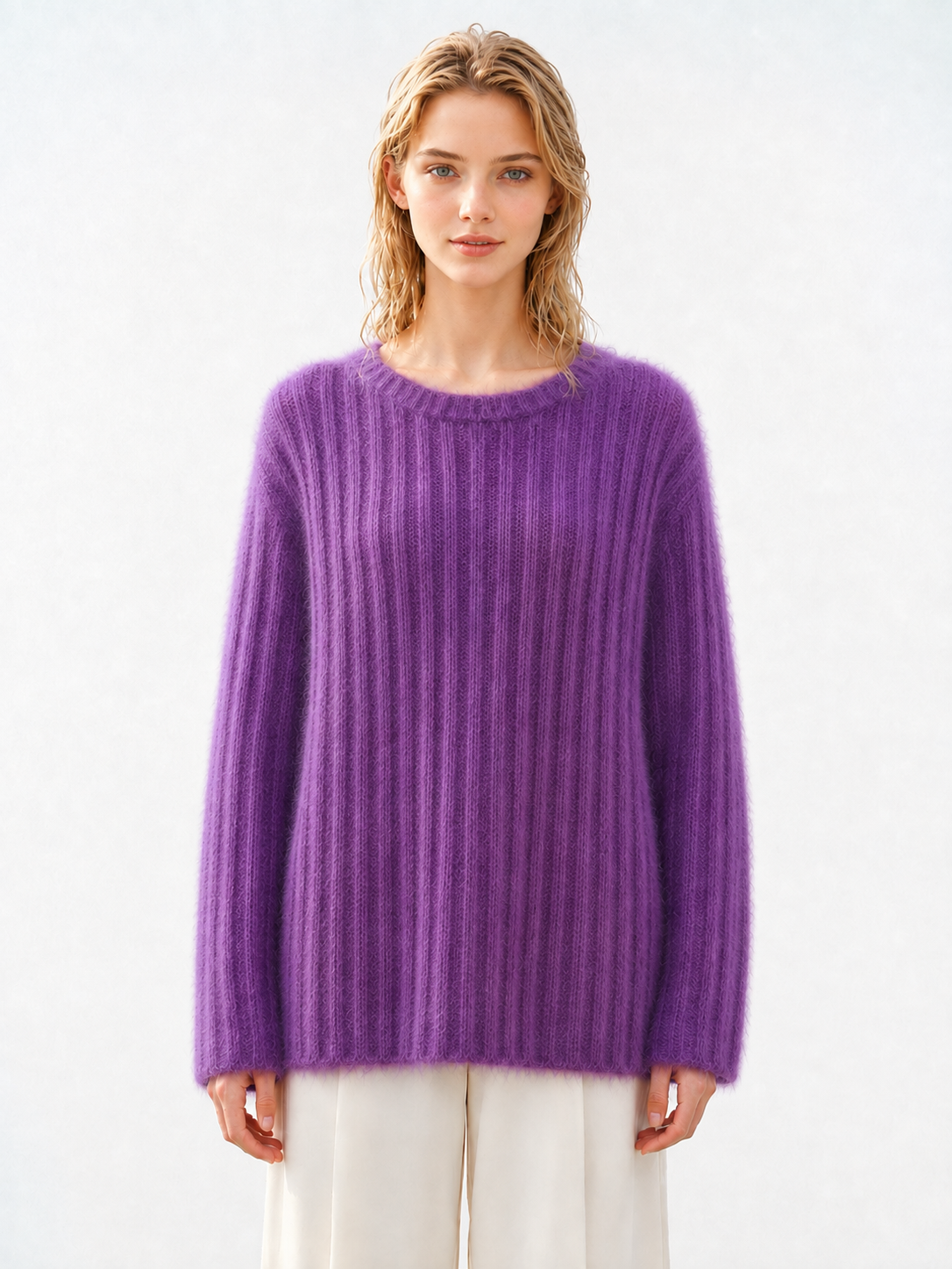 Women Sweater Purple Ribbed Knit Pullover Ladies Crew Neck Fluffy Oversized Jumper Autumn Winter Knitwear