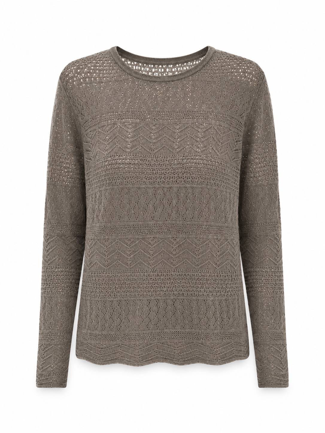 Womens Crew Neck Pointelle Knit Sweater Loose Pullover Taupe Lightweight Openwork Ladies Jumper Spring Autumn Knitwear
