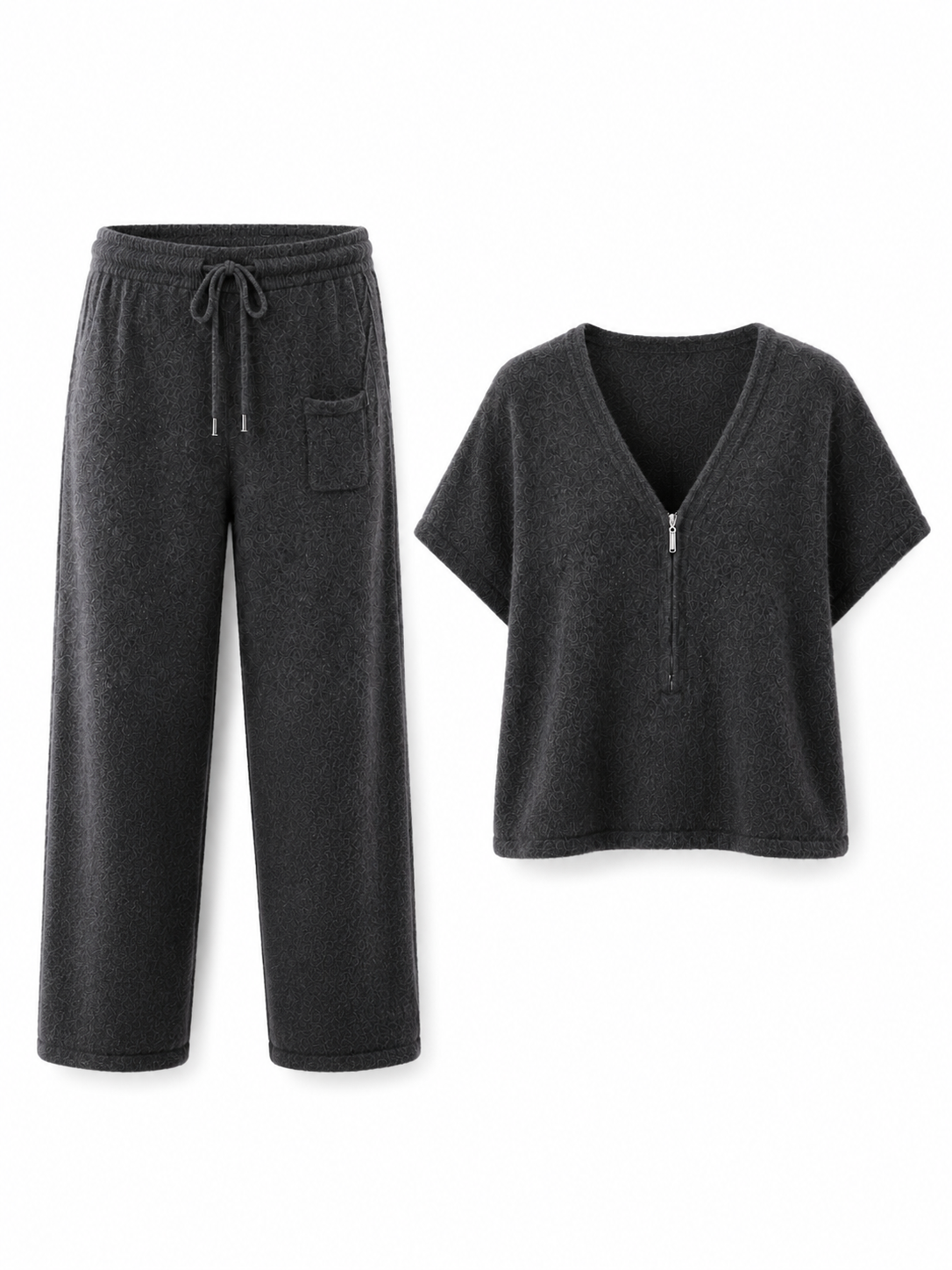 Women Knit Two Piece Set Half Zip V Neck Jacquard Sweater and Drawstring Wide Leg Pants Dark Grey Lounge Outfit