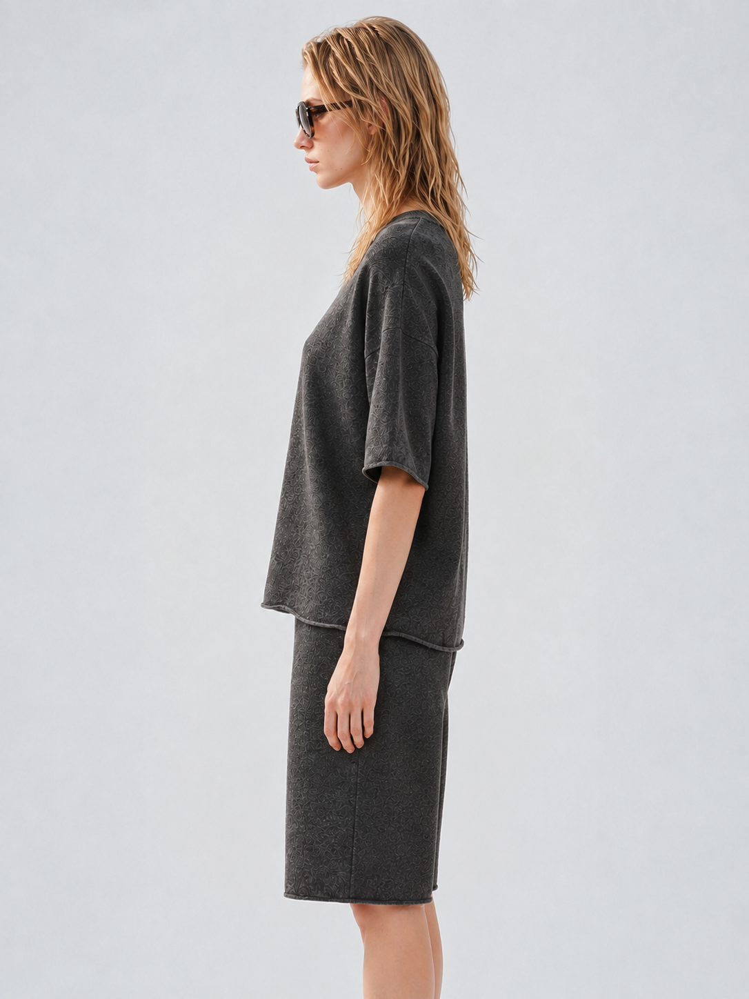 Women Knit Two Piece Set Short Sleeve Crew Neck Sweater and Wide Leg Bermuda Shorts Dark Grey Lounge Outfit Suit