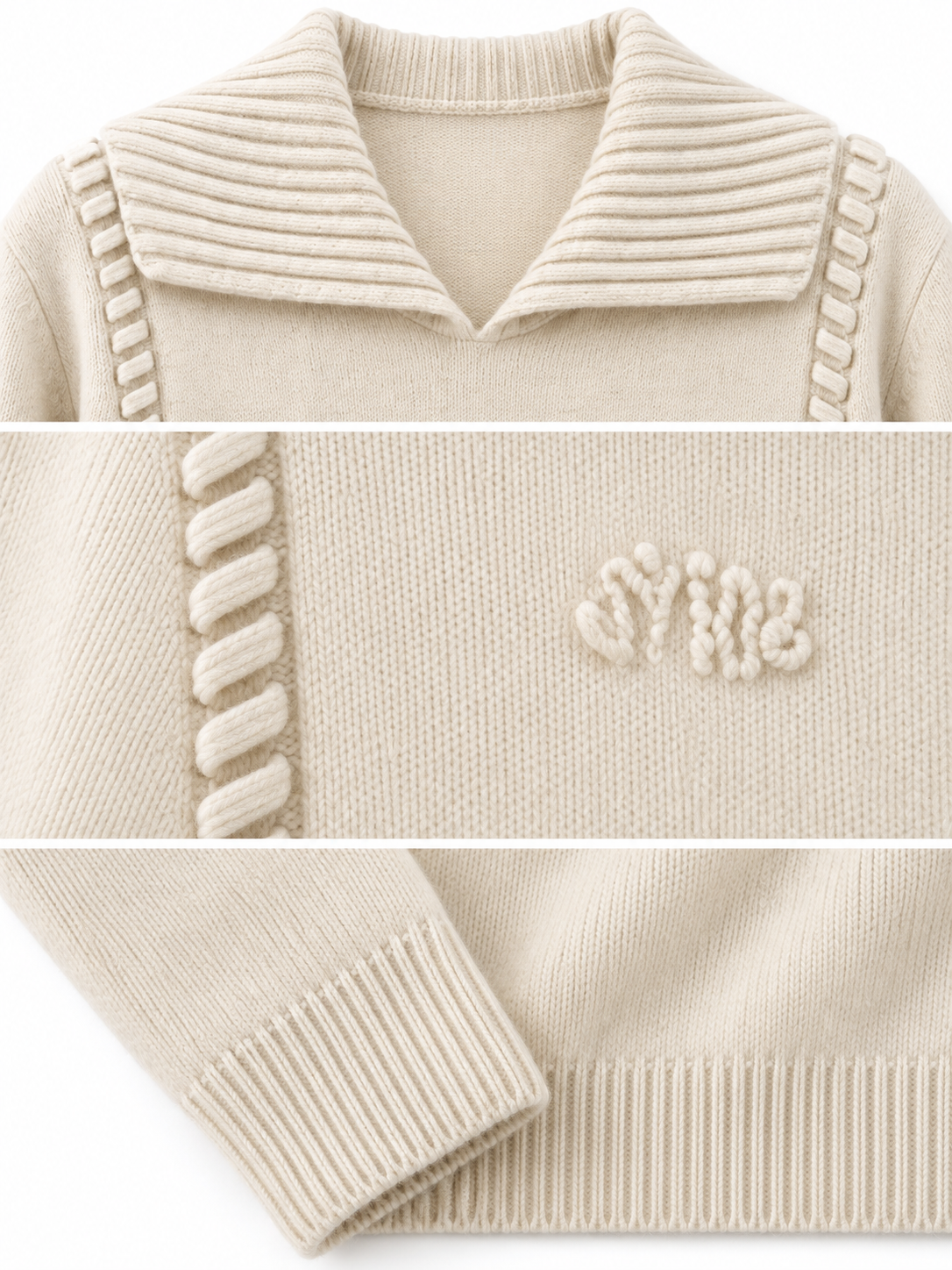 Women's V Neck Knit Sweater Wide Collar Long Sleeve Pullover with Contrast Braided Trim Relaxed Fit Casual Jumper