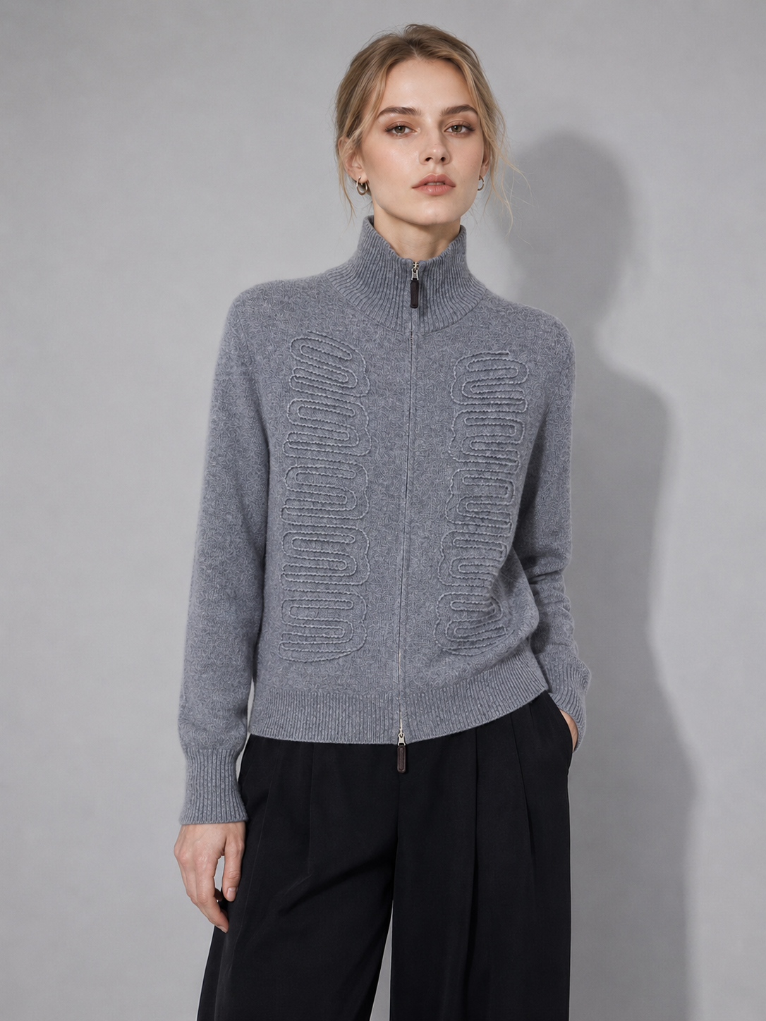 Customized women's motorcycle-style floral autumn stand-up collar full-zip knitted cashmere cardigan pullover customized logo breathable