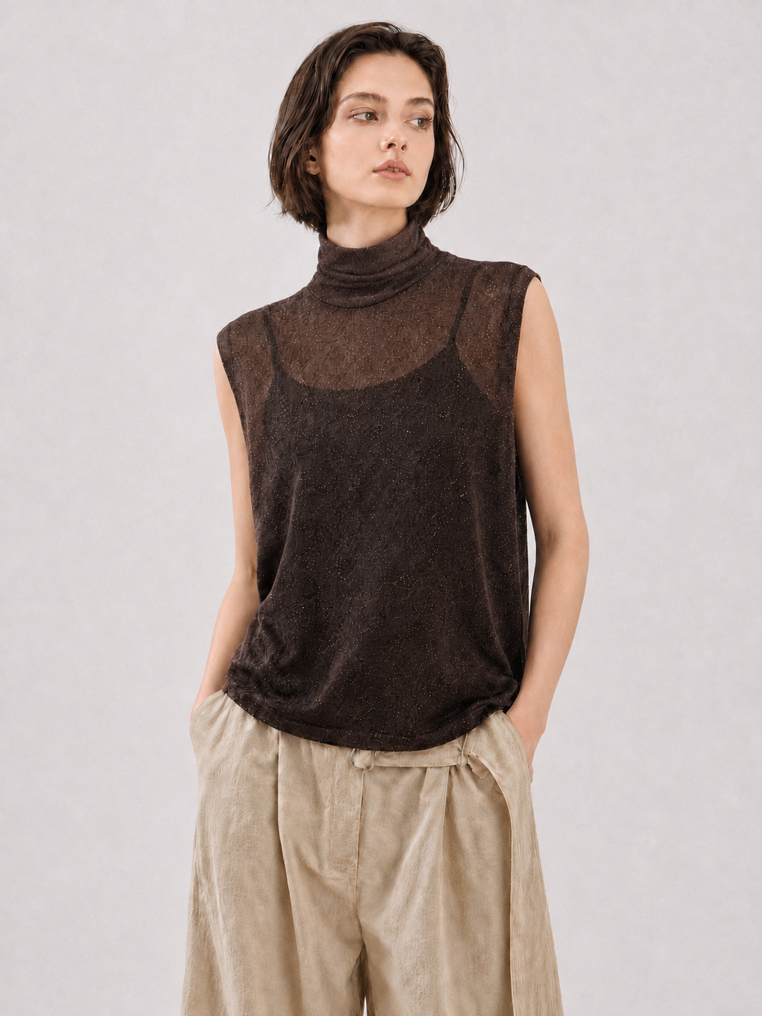 Womens Sleeveless Turtleneck Knit Top Semi Sheer Pointelle Tank Ladies High Neck Thin Summer Knitted Vest Pullover Shirt