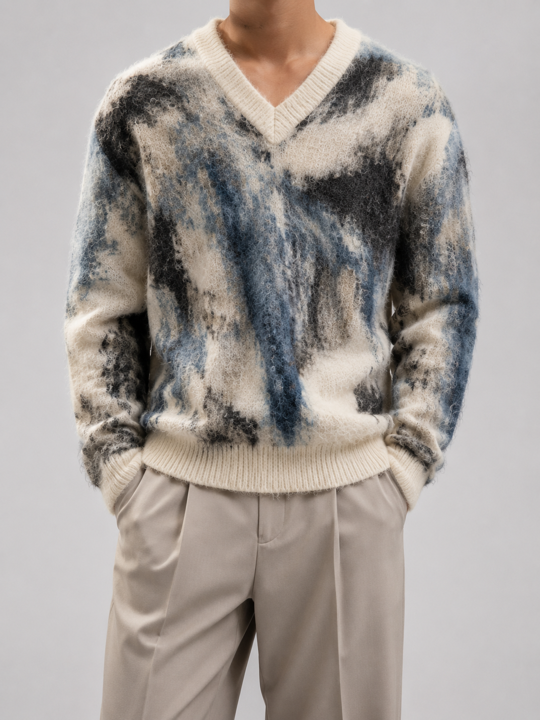 Customized Winter Fluffy Knit Sweater Long Jacquard Sleeve Leopard Men's V Neck Mohair Sweater