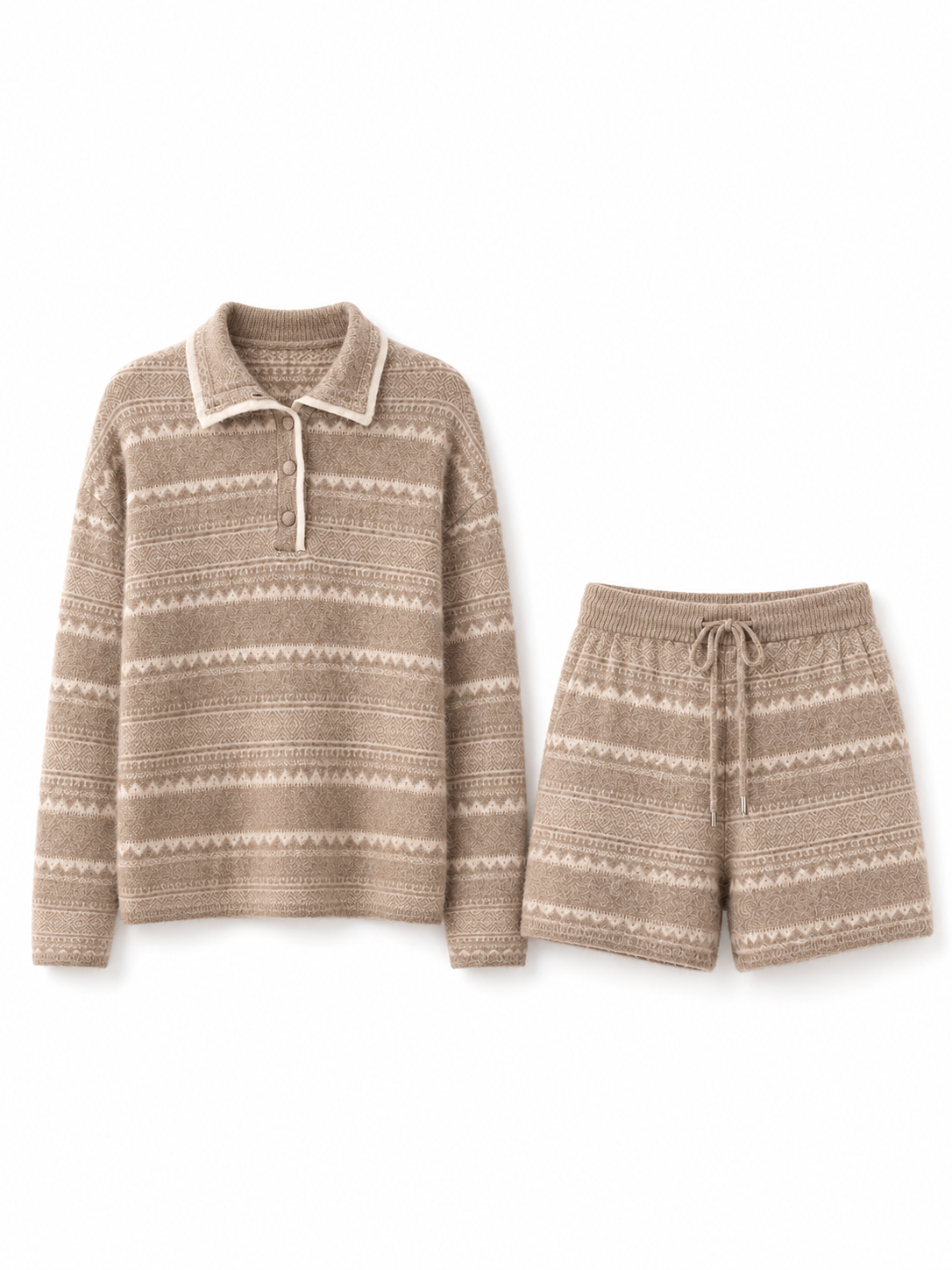 Women Fair Isle Knit Two Piece Set Polo Collar Button Sweater and Drawstring Shorts Beige Jacquard Lounge Outfit