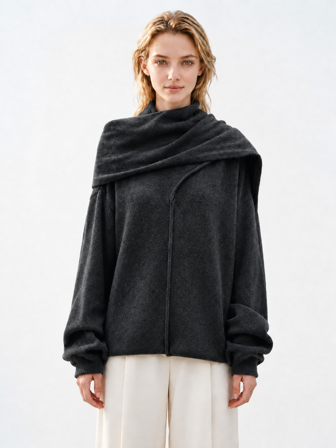 Dark Brown Women's Oversized Knit Sweater Asymmetric Draped Scarf Collar Long Sleeve Loose Pullover