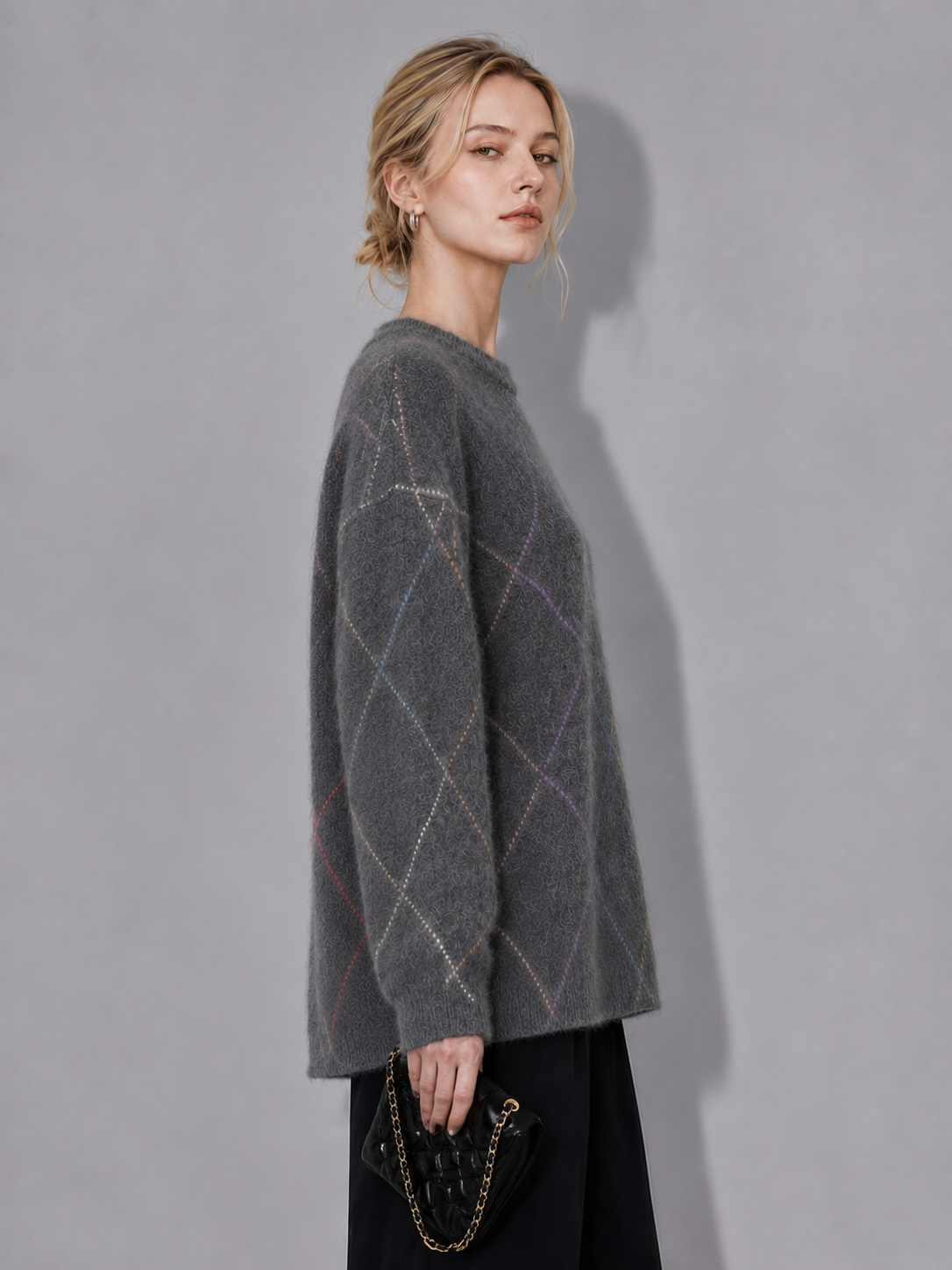 Womens Argyle Knit Sweater and Wide Leg Pants Set Round Neck Jacquard Pullover Ladies Autumn Winter Two Piece Knitwear