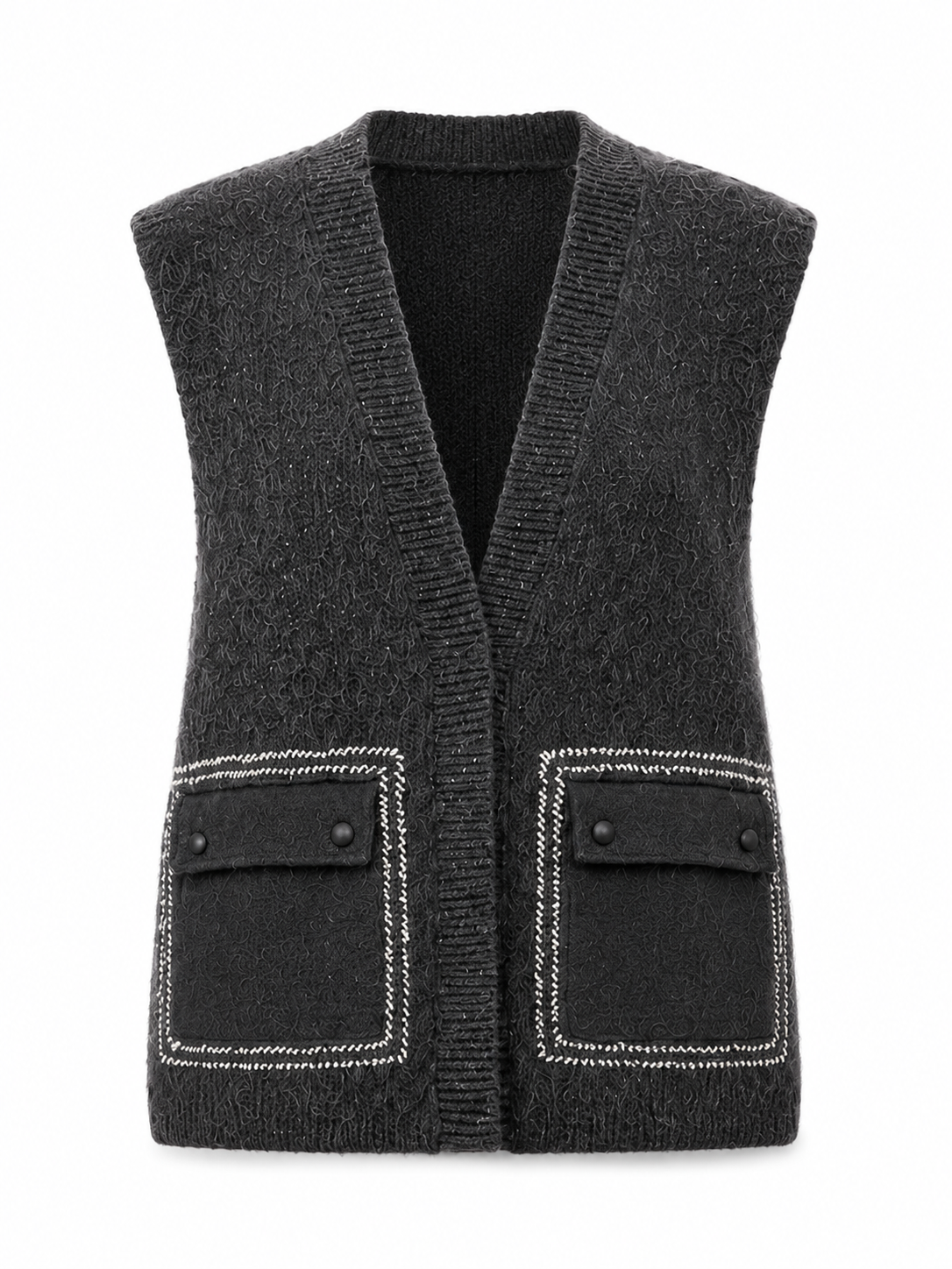 Women Fuzzy Knit Vest V Neck Sleeveless Mohair Sweater Denim Patch Pocket Dark Grey Knitted Waistcoat for Autumn