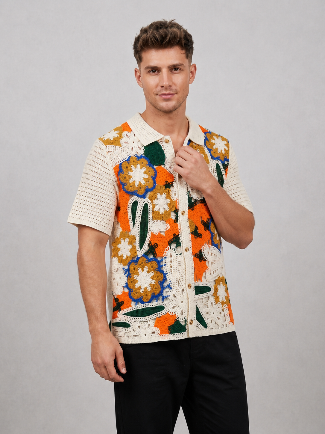 Wholesale Men's Polo Shirt Summer Casual Short Sleeve Imitation Hand-Crocheted Cardigan Slim Fit Hollow Floral Knitted Lapel Top