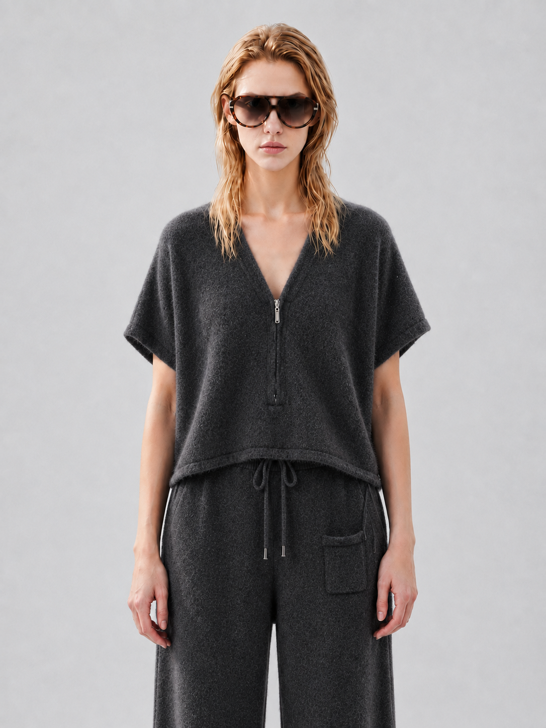 Women Knit Two Piece Set Half Zip V Neck Jacquard Sweater and Drawstring Wide Leg Pants Dark Grey Lounge Outfit