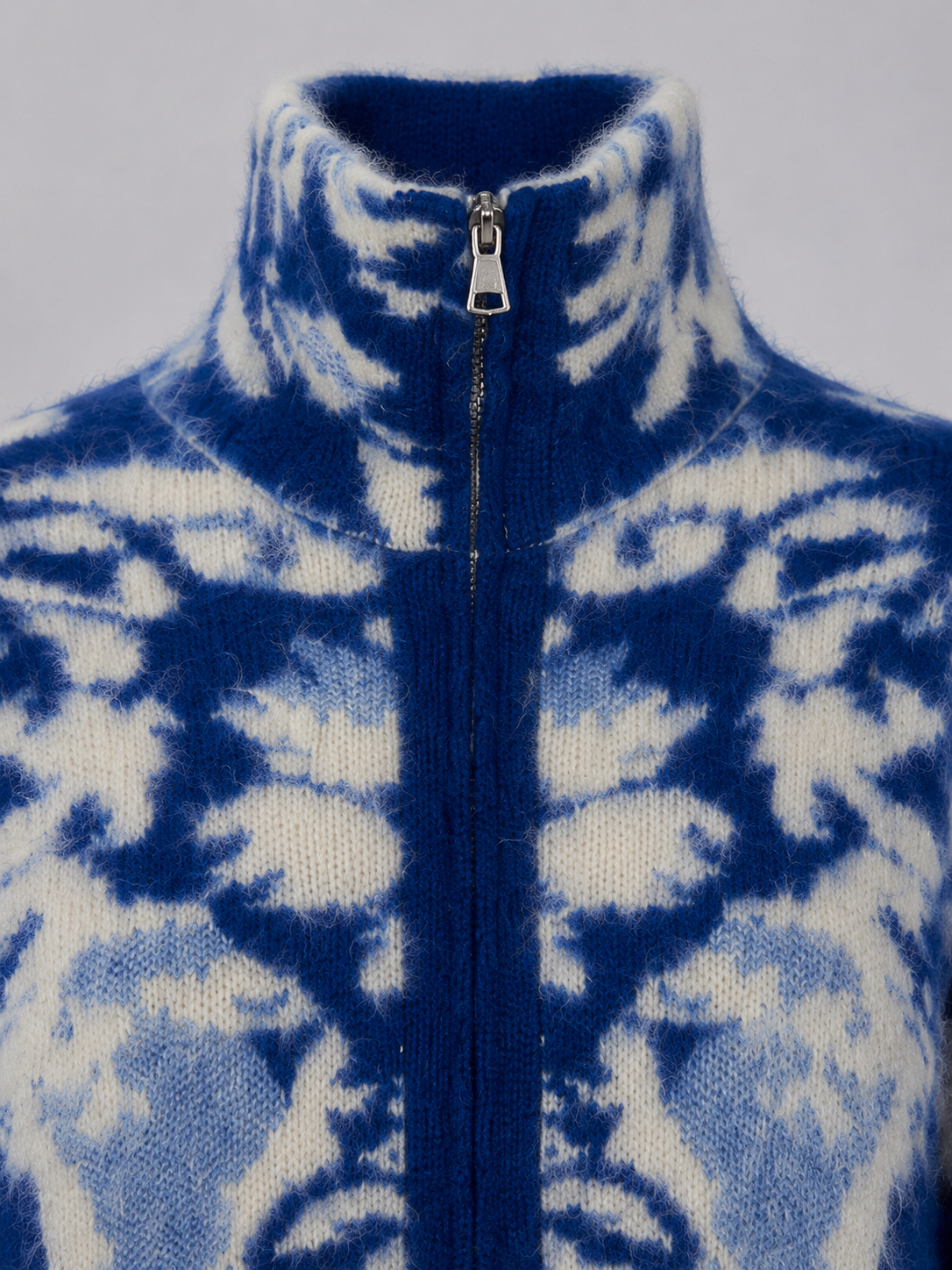 Women’s Artistic Blue & Ivory Jacquard Zip-Up Sweater Soft Brushed High-Neck Cardigan