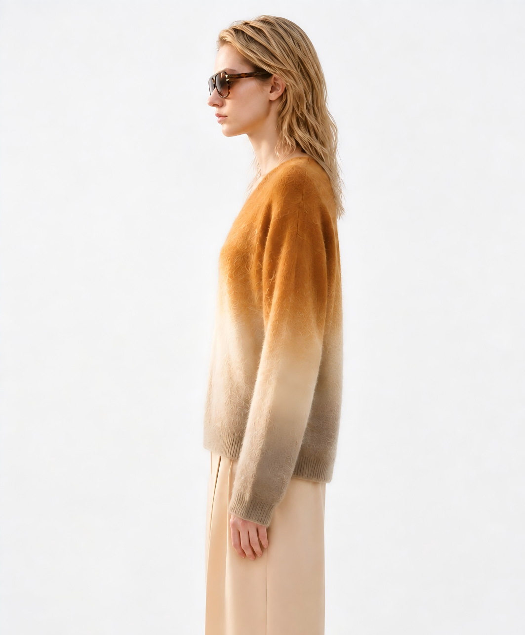 Ombre Gradient Mohair Sweater Women Caramel Fuzzy Knit V Neck Oversized Dip Dye Pullover Fluffy Jumper Drop Shoulder