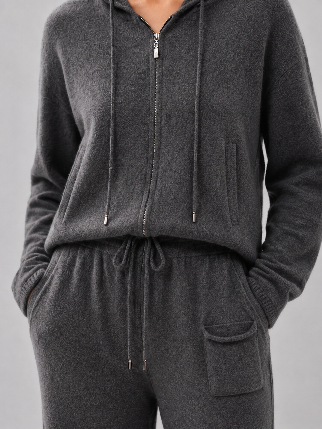 Women Knit Two Piece Set Zip Up Hoodie Cardigan and Drawstring Wide Leg Pants Grey Tracksuit Lounge Outfit Suit