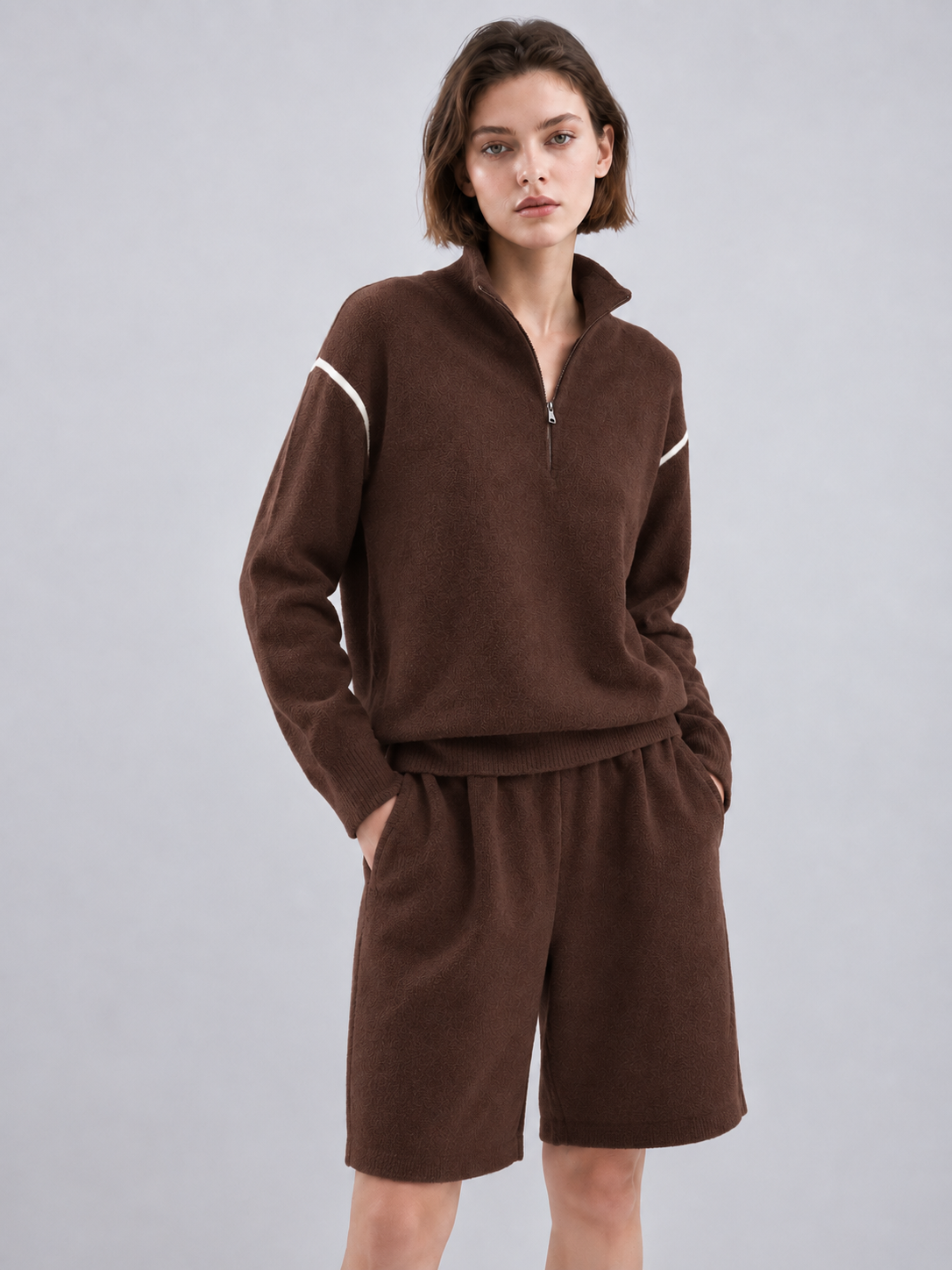 Women's Two Piece Knit Shorts Set Half Zip Mock Neck Pullover and Elastic Waist Bermuda Shorts Casual Outfit