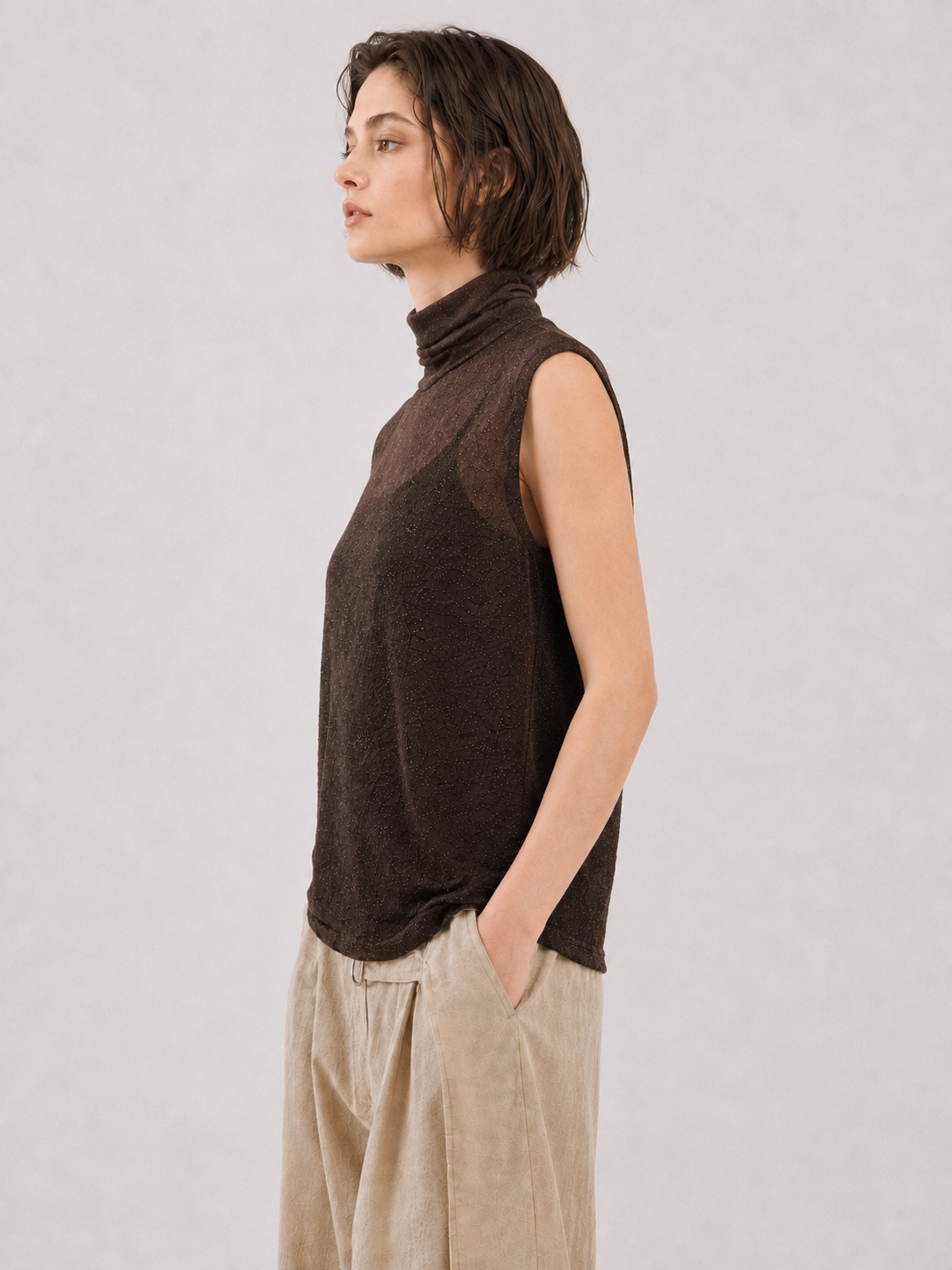 Womens Sleeveless Turtleneck Knit Top Semi Sheer Pointelle Tank Ladies High Neck Thin Summer Knitted Vest Pullover Shirt