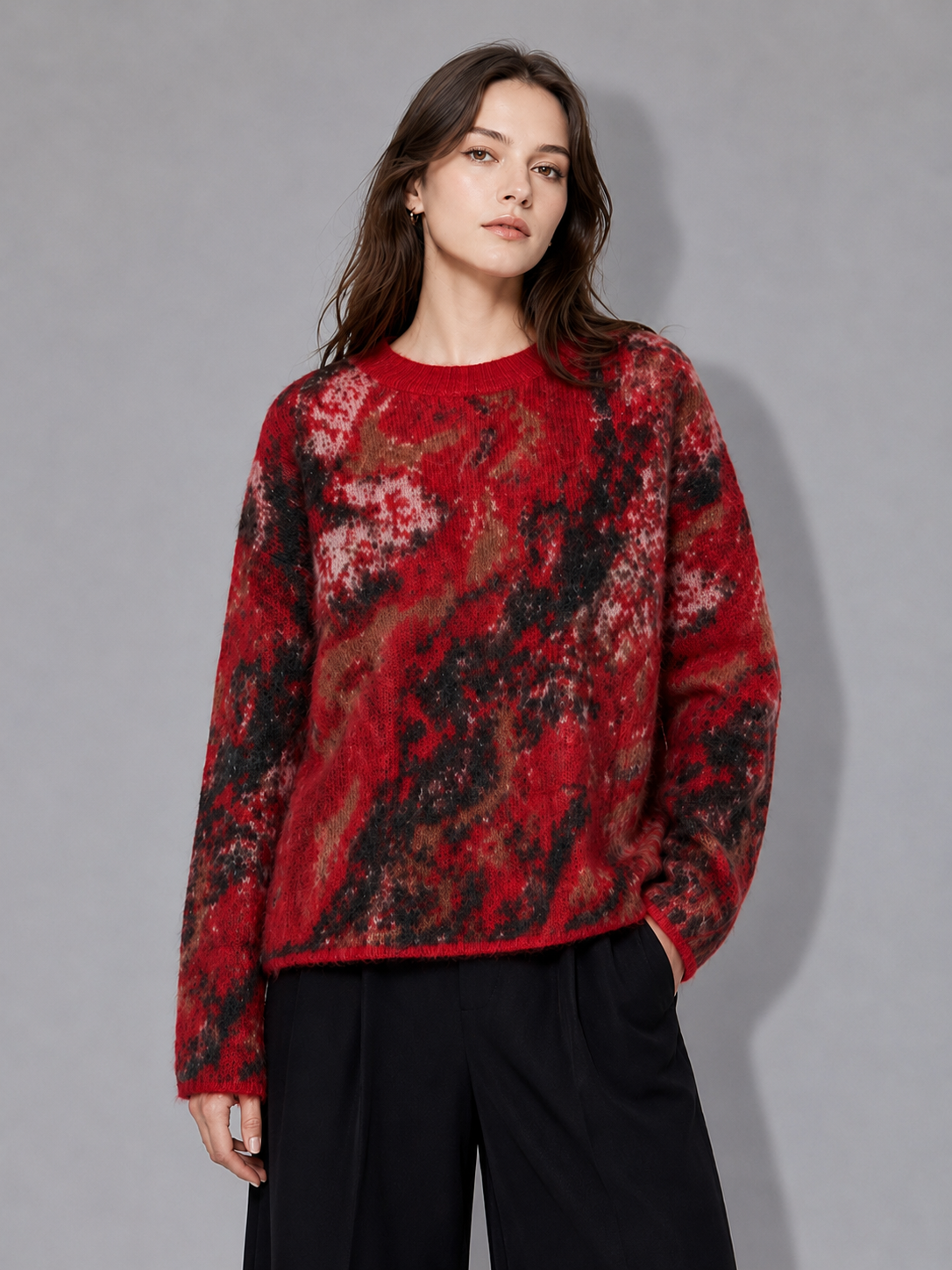 Women's plush floral print knitted sweater, round neck, large size, wide hemline, casual style, ribbed cuffs, anti-snag fabric