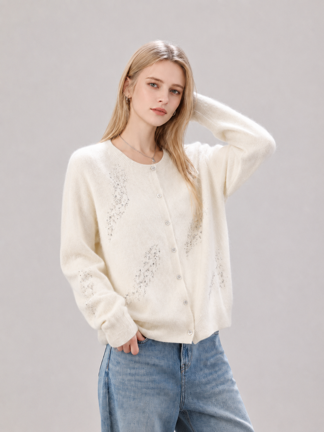 High-end cashmere cardigan with rhinestones, loose and oversized, casual women's sweater