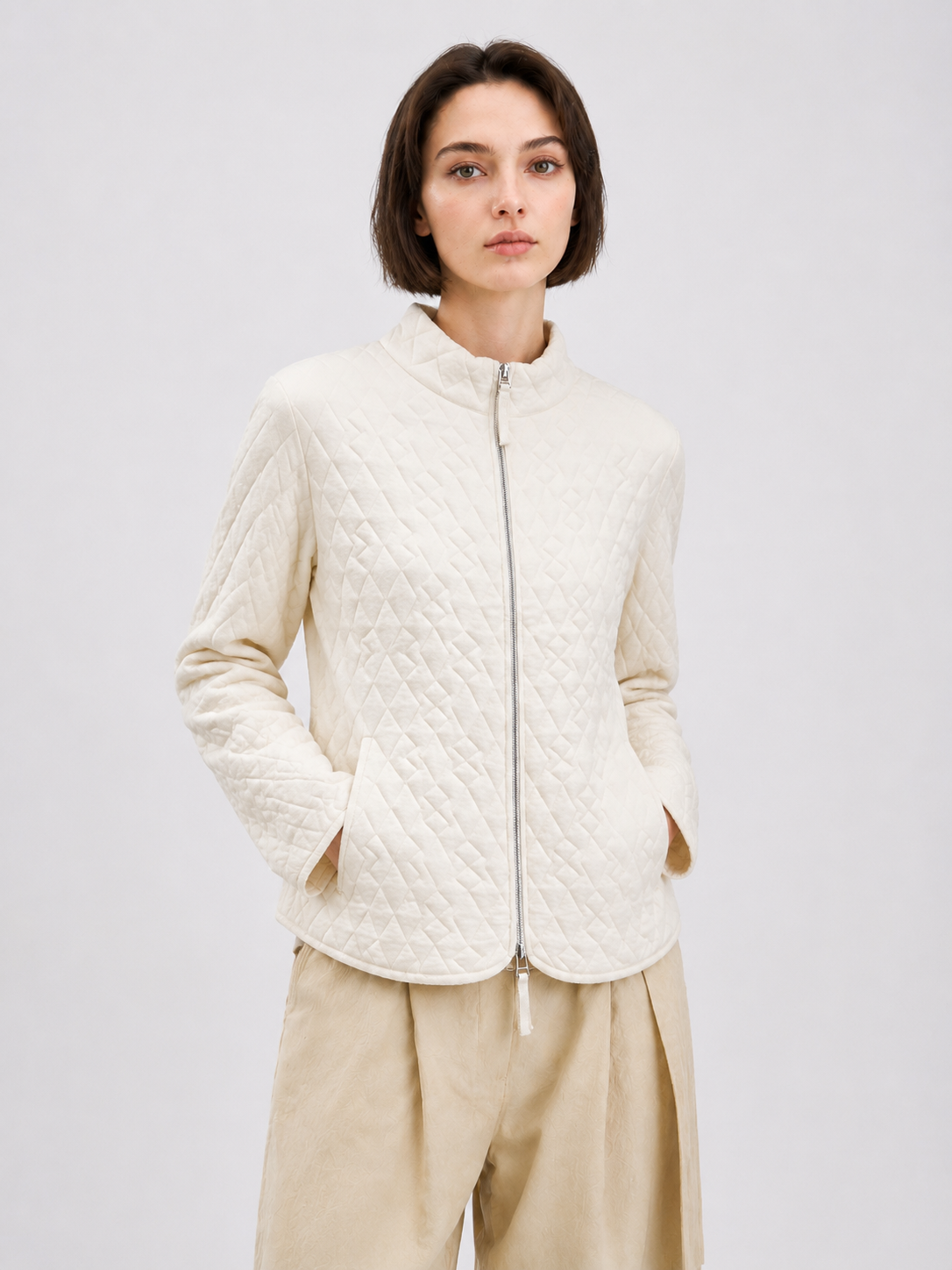 Women Quilted Jacket Stand Collar Zip Up Long Sleeve Lightweight Padded Coat Cream Short Outerwear for Autumn Winter