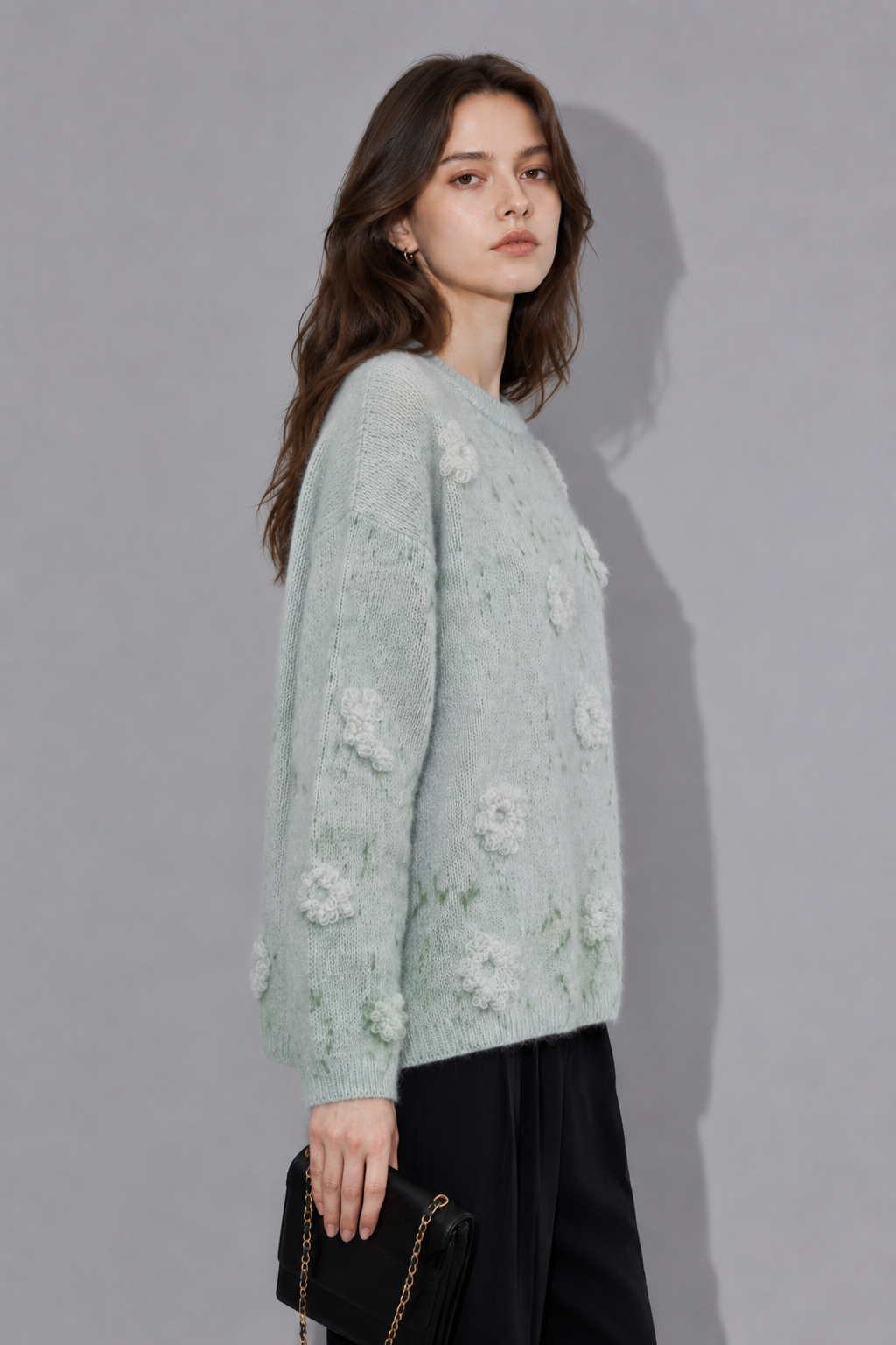 OEM&ODM Wholesale Fashion 3D Flower Knit Top Crew Neck Jacquard Pullover Fluffy Feminine Knitwear Casual Long Sleeve Sweater