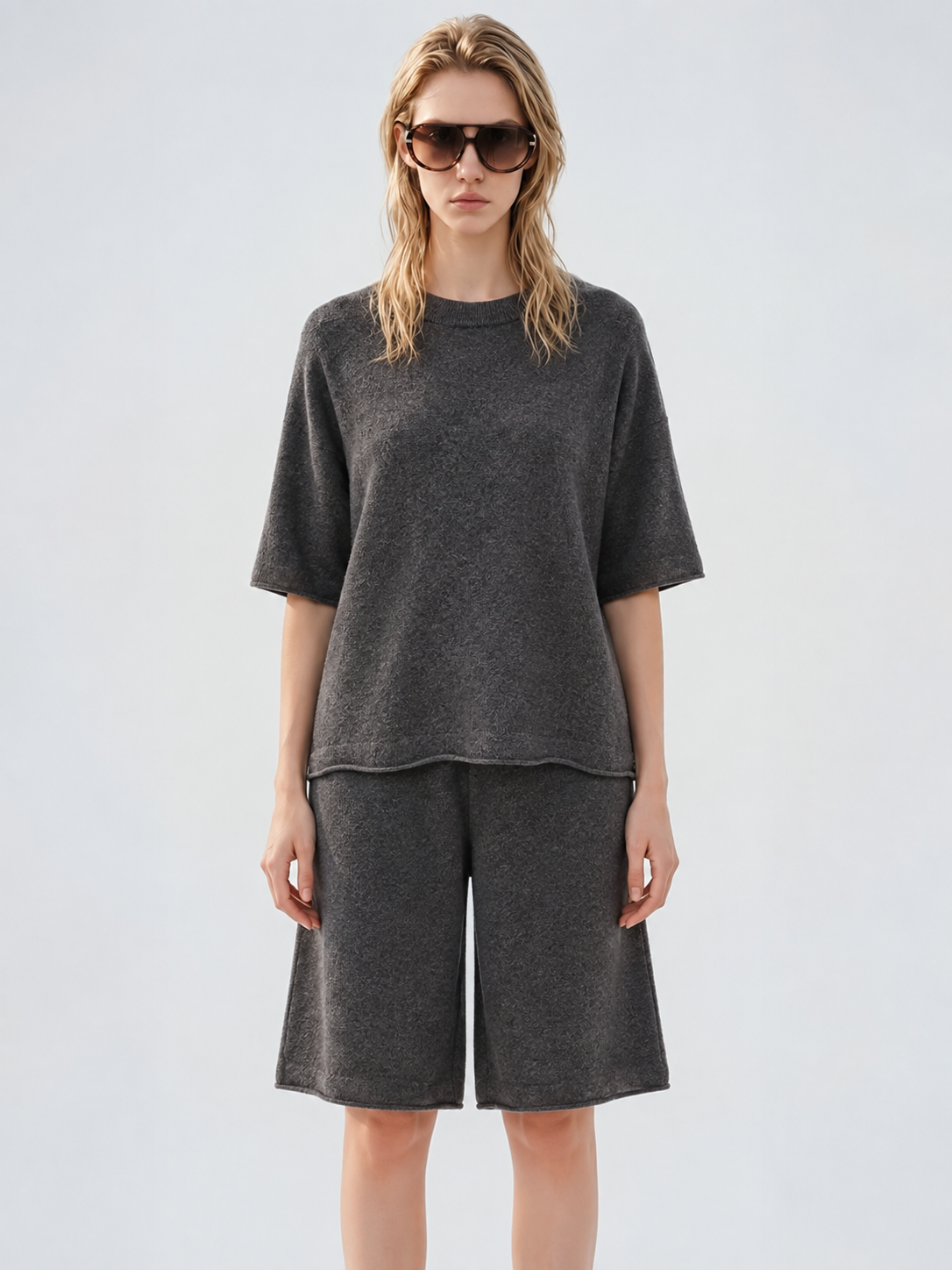 Women Knit Two Piece Set Short Sleeve Crew Neck Sweater and Wide Leg Bermuda Shorts Dark Grey Lounge Outfit Suit