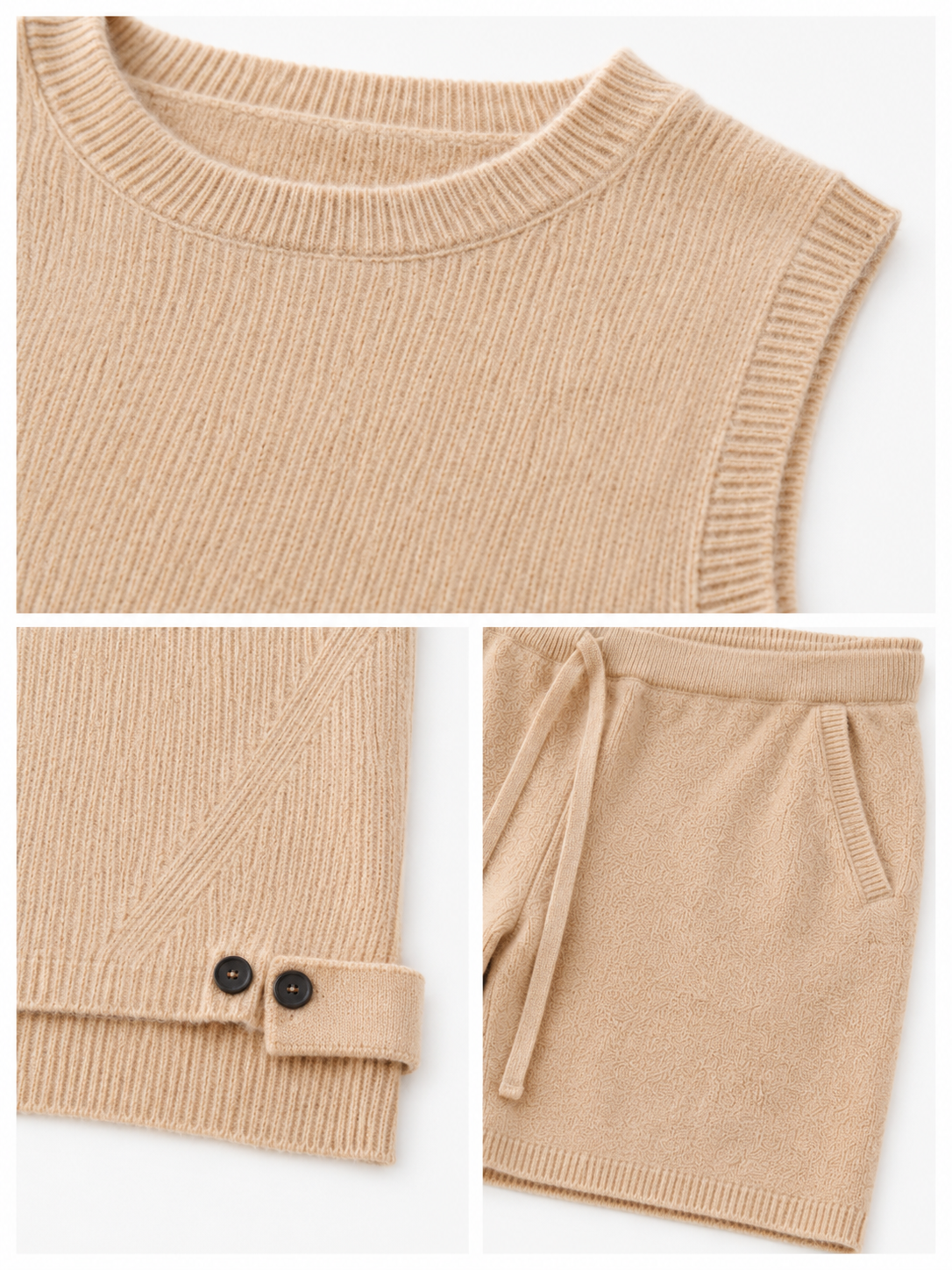 Women Knit Two Piece Set Sleeveless Tank Top and Drawstring Bermuda Shorts Beige Casual Lounge Outfit for Summer