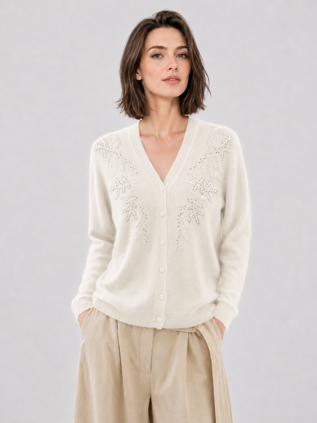 Womens Beaded Embroidery Cardigan V Neck Button Down Knit Sweater Ivory Soft Ladies Knitwear Autumn Winter Coat