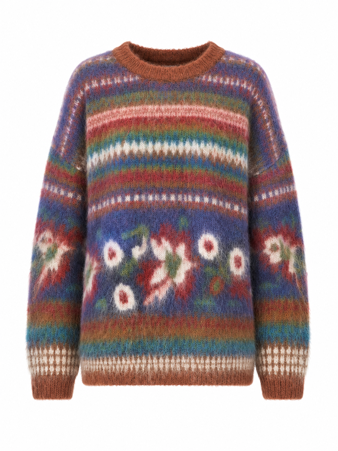 Fall/Winter New Vintage Pure Wool Flowers Crew Neck Sweater Full Sleeve Women's Brushed Jacquard Pullover Top