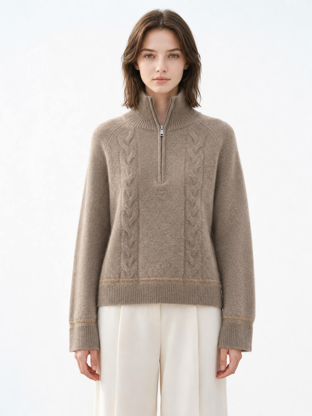 Women Quarter Zip Sweater Mock Neck Cable Knit Pullover Ladies Stand Collar Taupe Mocha Jumper Autumn Winter Knitwear