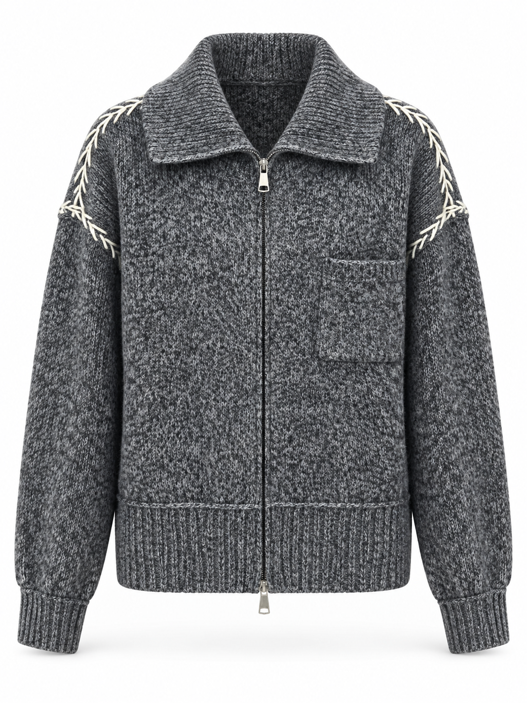 Women's Oversized Zip Up Knit Cardigan with Turn Down Collar Chest Pocket Long Sleeve Quiet Luxury Sweater Jacket