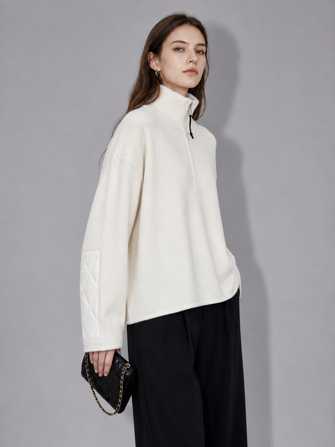 Premium Wool Half-Zip Sweater – Minimalist Oversized High Neck Knit Pullover for Women