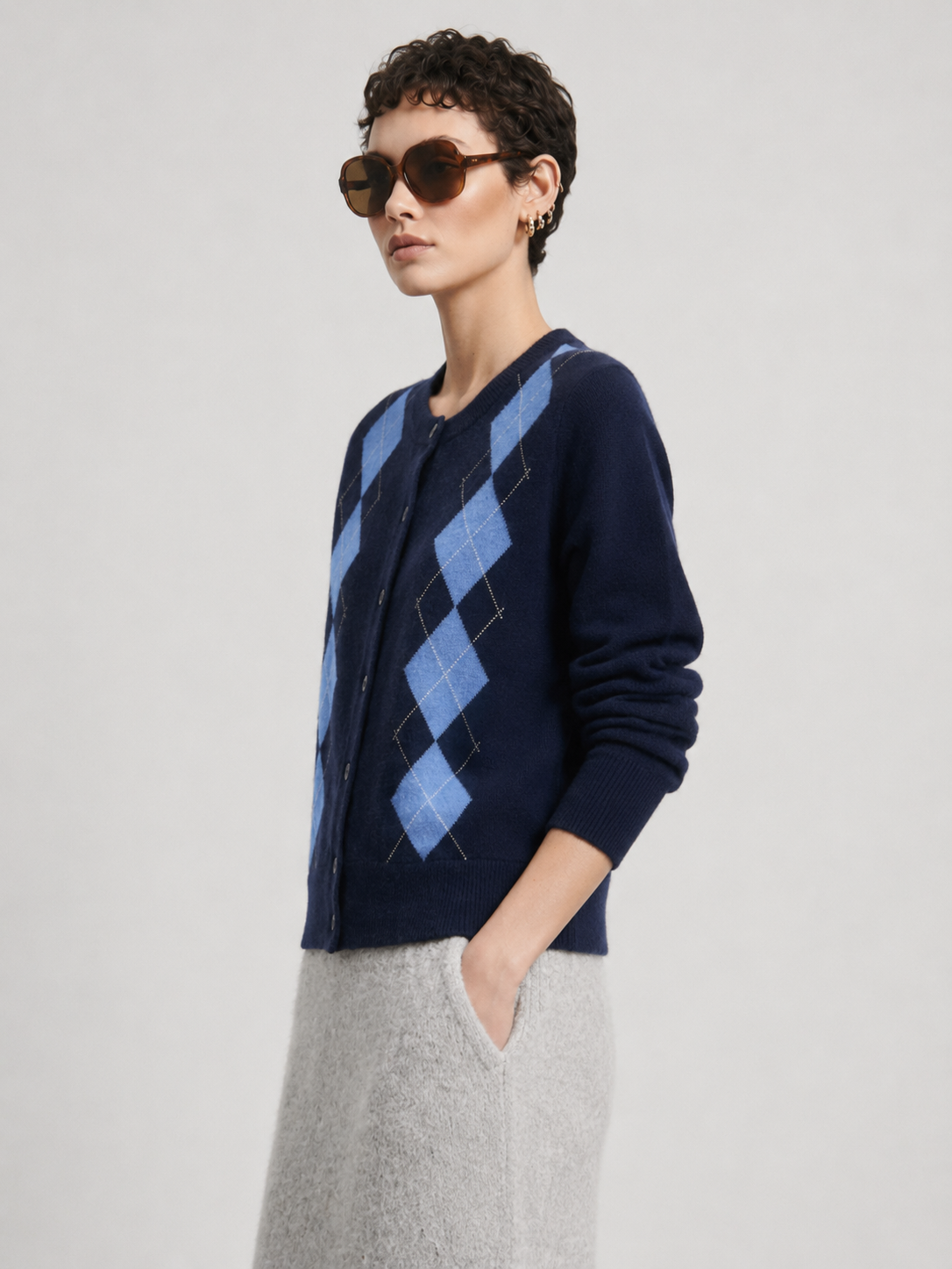 Women's Argyle Pattern Knit Cardigan Cashmere Wool Blend Autumn Winter Casual Office Outerwear