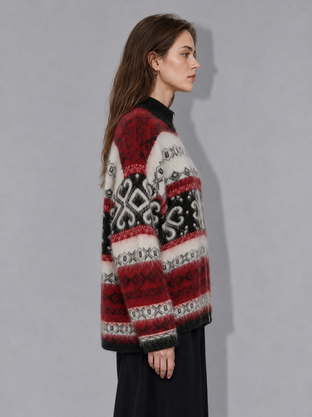OEM jacquard zipper plush collar cashmere wool women's button down sweater of high-end quality