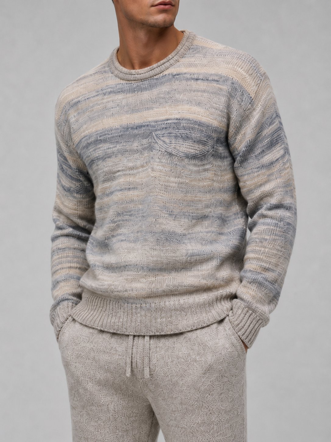Custom LOGO Men Long Sleeve Crew Neck Pullover Stripe Knitwear Winter Fuzzy Casual Jumper Mohair Knitted Sweater
