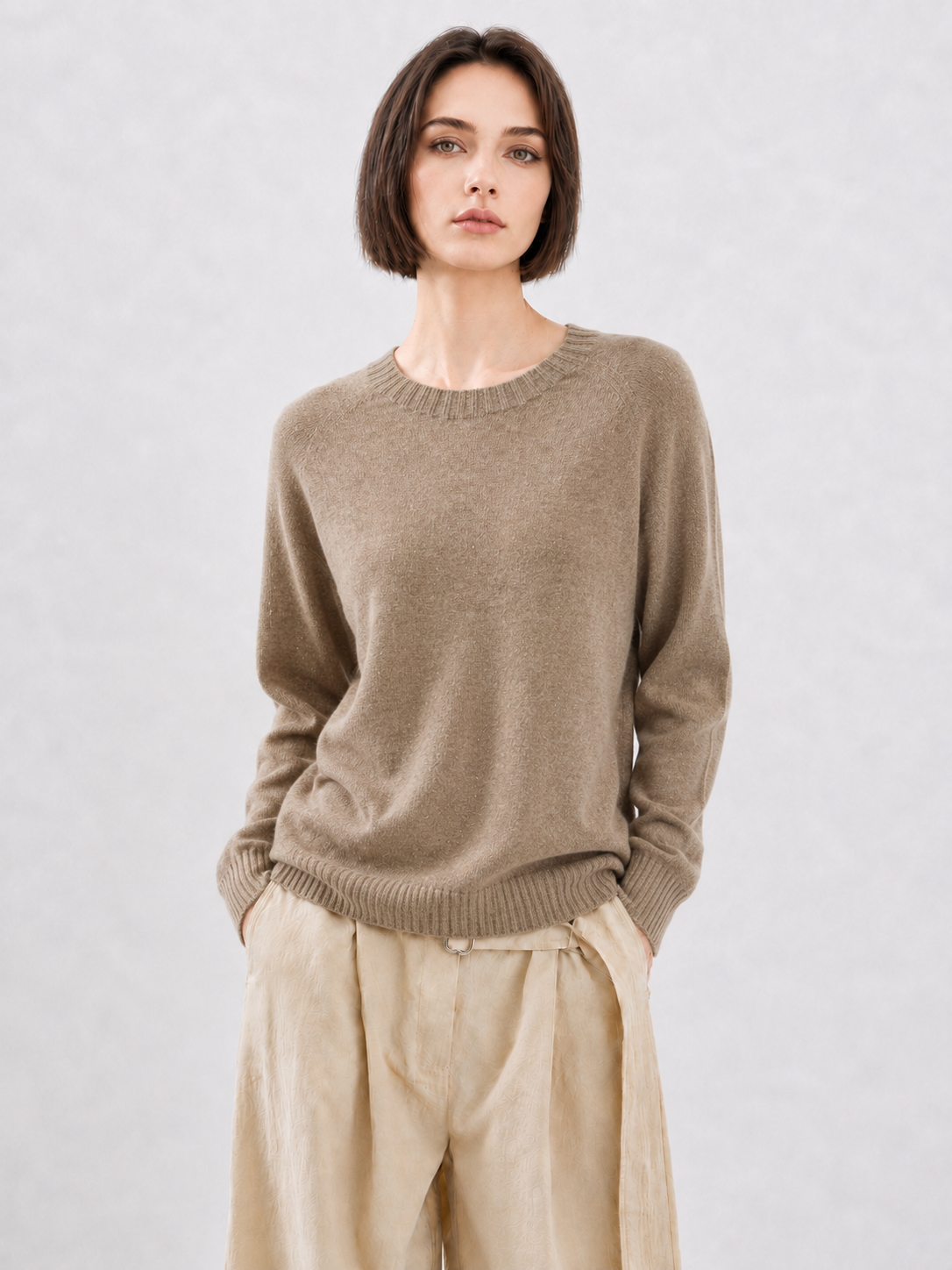 Womens Solid Crew Neck Knit Sweater Raglan Sleeve Loose Pullover Taupe Ribbed Ladies Jumper Autumn Winter Knitwear