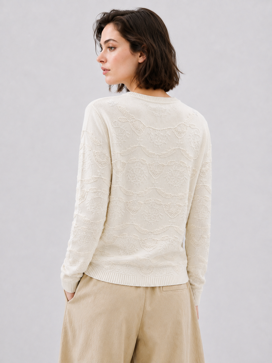 Womens Textured Wave Pointelle Knit Sweater Crew Neck Pullover Ivory Loose Fit Ladies Jumper Autumn Winter Knitwear
