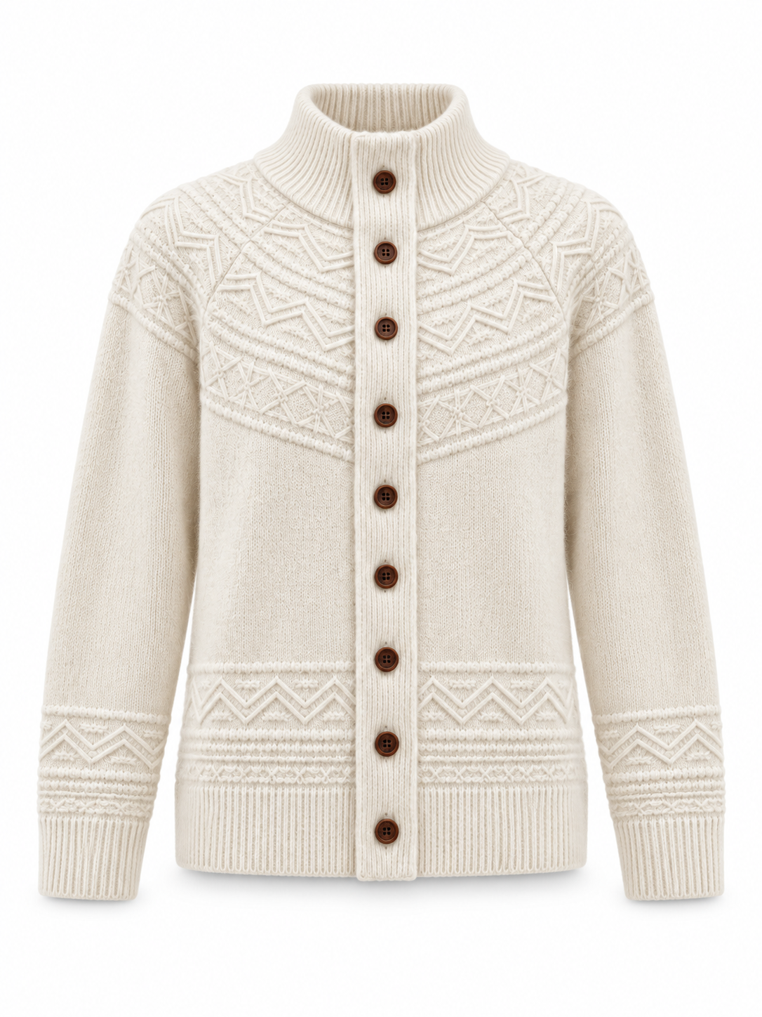 Women's Mock Neck Button Up Knit Cardigan Long Sleeve Textured Sweater Jacket with Geometric Pattern and Ribbed Trim