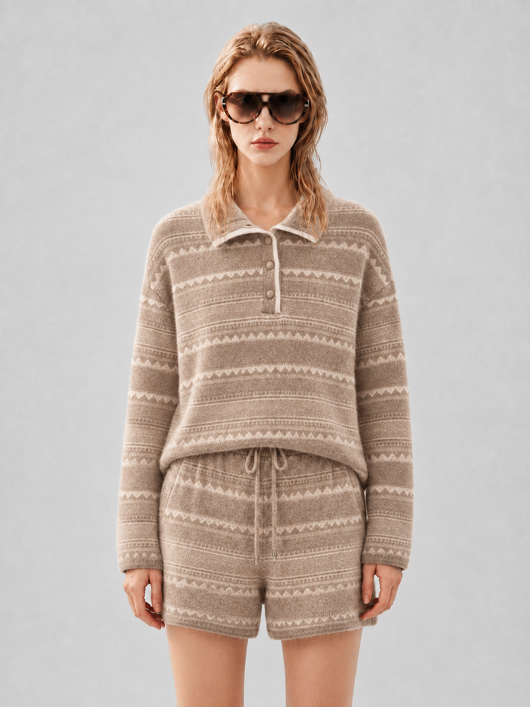 Women Fair Isle Knit Two Piece Set Polo Collar Button Sweater and Drawstring Shorts Beige Jacquard Lounge Outfit