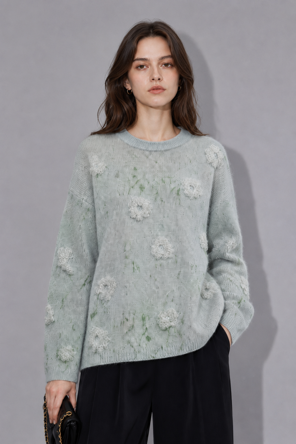 OEM&ODM Wholesale Fashion 3D Flower Knit Top Crew Neck Jacquard Pullover Fluffy Feminine Knitwear Casual Long Sleeve Sweater