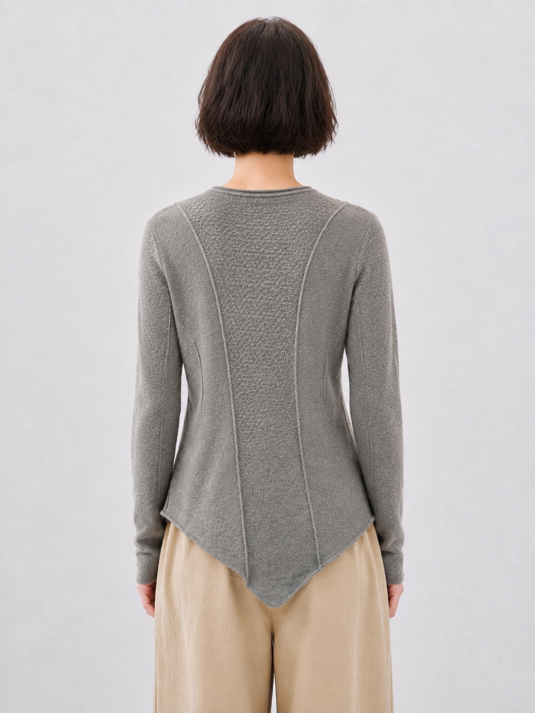Women Round Neck Button Up Knit Cardigan Slim Fit Ribbed Panel Sweater Curved Hem Long Sleeve Grey Casual Knitwear Top