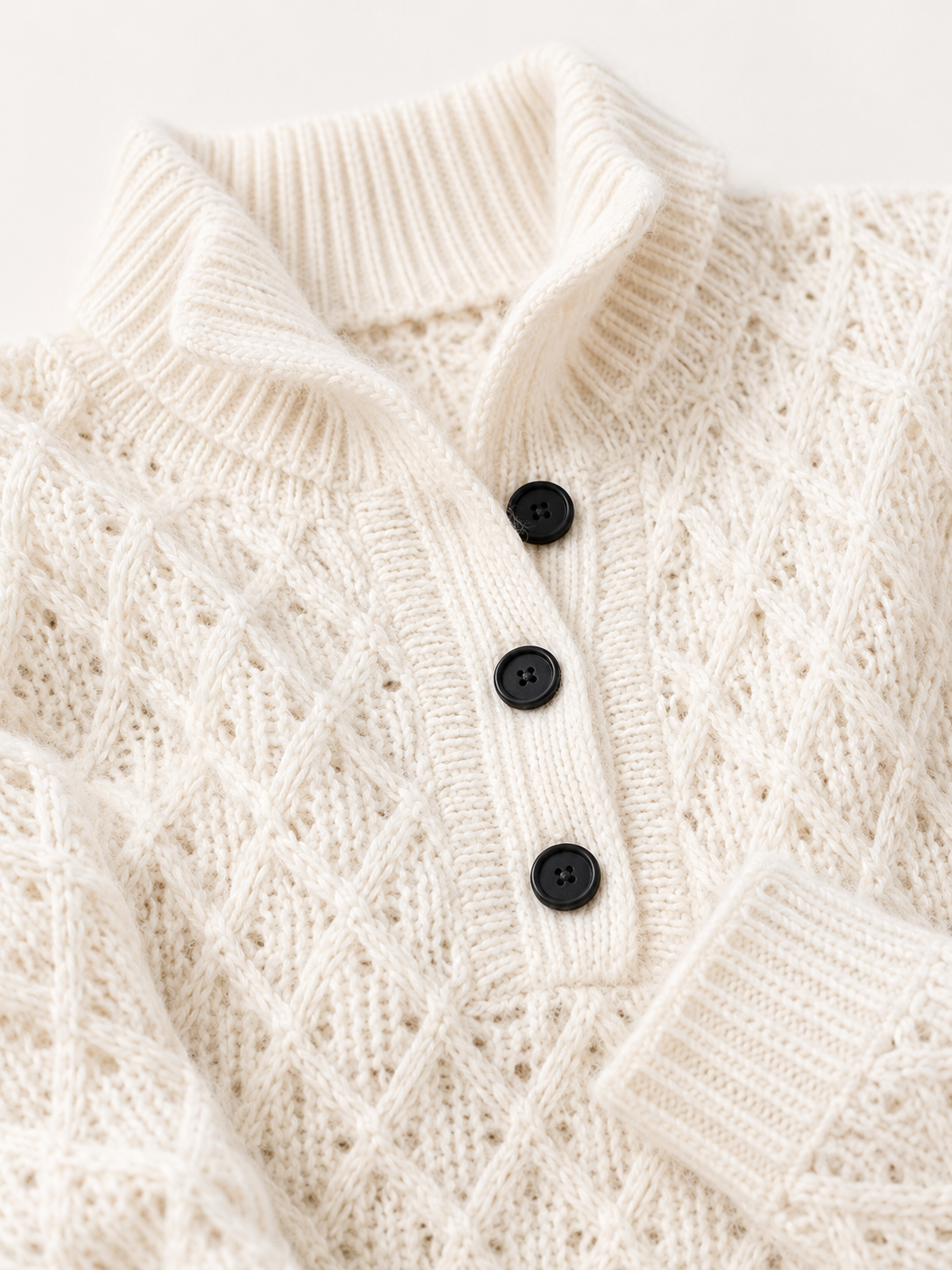 Womens Henley Cable Knit Sweater Mock Neck Button Placket Pullover Cream Chunky Ladies Jumper Autumn Winter Knitwear